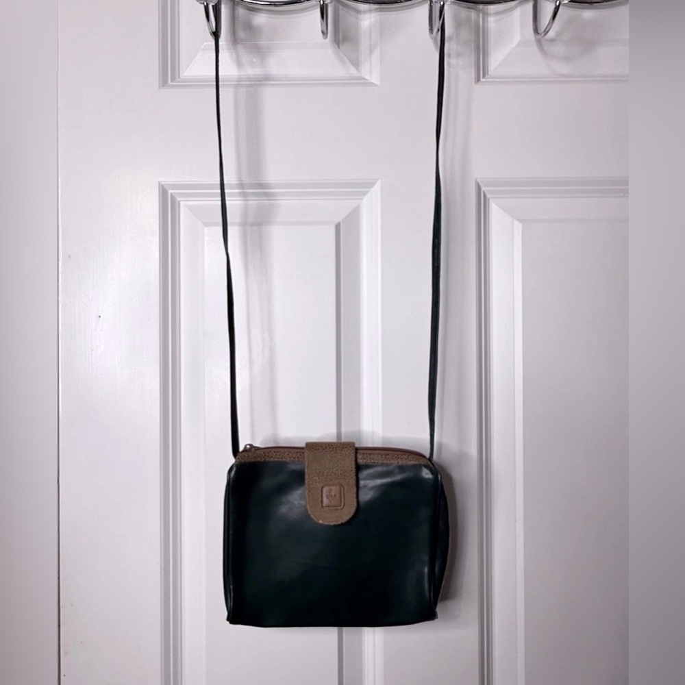 Faux Leather Crossbody Purse Fleur De Li Forest Green Tan Pebbled Zipper Area